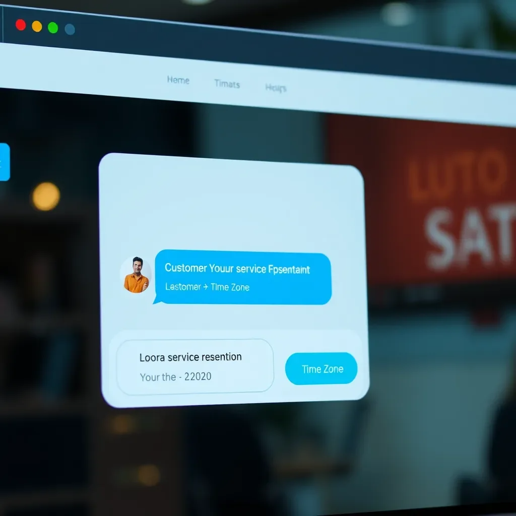 A website with a live chat window displaying a customer service representative. The chat window shows the representative's time zone and the visitor's time zone, highlighting that the representative is available during the visitor's business hours.